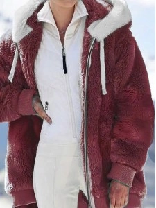 Women's fall and winter loose plush zipper hooded jacket