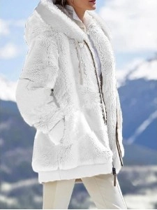 Women's fall and winter loose plush zipper hooded jacket