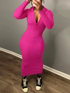 Women's Fashion Hooded Zipper Long Sleeve Solid Color Slim Hip Dresses
