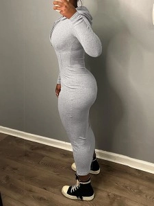 Women's Fashion Hooded Zipper Long Sleeve Solid Color Slim Hip Dresses