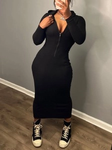 Women's Fashion Hooded Zipper Long Sleeve Solid Color Slim Hip Dresses