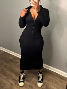 Women's Fashion Hooded Zipper Long Sleeve Solid Color Slim Hip Dresses