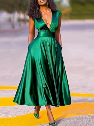 Women's Fashion Sexy V-Neck Wrap Sleeve Big Swing Dresses