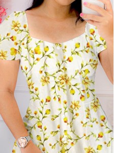 Women's floral printed lantern short sleeved square neck dress short skirt yellow