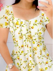 Women's floral printed lantern short sleeved square neck dress short skirt yellow