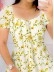 Women's floral printed lantern short sleeved square neck dress short skirt yellow