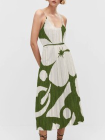 Women's halter pleated waist print dress long skirt