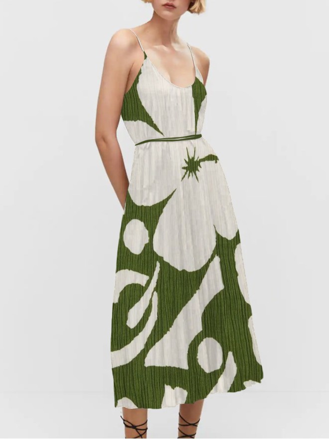 Women's halter pleated waist print dress long skirt