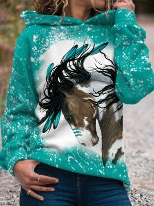 Women's Indian Horse Print Hooded Sweatshirt