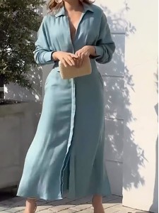 Women's Linen Blend Pocket Slit Shirt Midi Dress