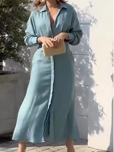 Women's Linen Blend Pocket Slit Shirt Midi Dress