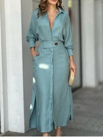 Women's Linen Blend Pocket Slit Shirt Midi Dress