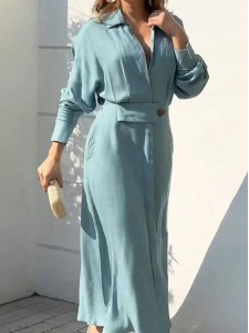 Women's Linen Blend Pocket Slit Shirt Midi Dress