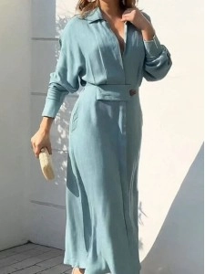 Women's Linen Blend Pocket Slit Shirt Midi Dress
