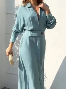 Women's Linen Blend Pocket Slit Shirt Midi Dress