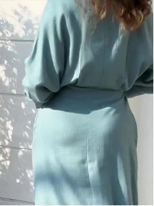 Women's Linen Blend Pocket Slit Shirt Midi Dress