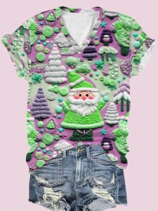 Women's Pink Santa Claus Print V-Neck T-Shirt