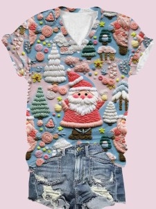Women's Pink Santa Claus Print V-Neck T-Shirt