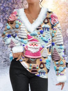 Women's Pink Santa Print Fur Collar Sweatshirt