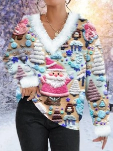 Women's Pink Santa Print Fur Collar Sweatshirt