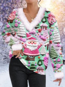 Women's Pink Santa Print Fur Collar Sweatshirt