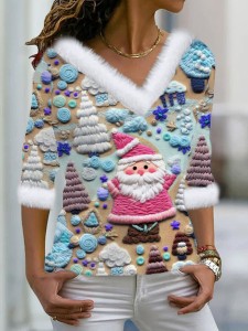 Women's Pink Santa Print Fur Collar Top