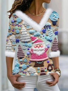 Women's Pink Santa Print Fur Collar Top
