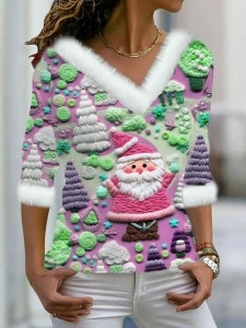 Women's Pink Santa Print Fur Collar Top