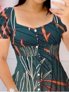 Women's plant printed lantern short sleeved square neck dress short skirt