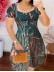 Women's plant printed lantern short sleeved square neck dress short skirt