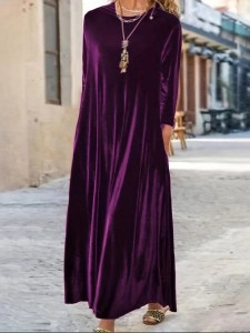 Women's Plus Velvet Solid Long Sleeve Round Neck Loose Maxi Dress