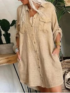 Women's pocket button cotton linen shirt dress