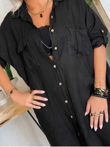 Women's pocket button cotton linen shirt dress