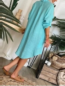 Women's pocket button cotton linen shirt dress