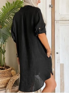 Women's pocket button cotton linen shirt dress