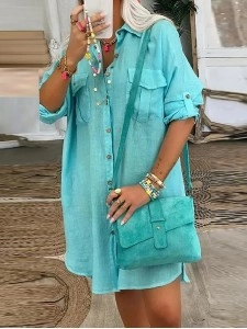 Women's pocket button cotton linen shirt dress