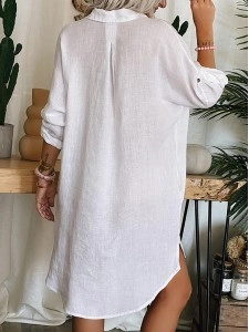 Women's pocket button cotton linen shirt dress