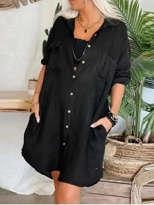 Women's pocket button cotton linen shirt dress