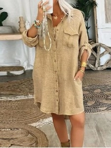 Women's pocket button cotton linen shirt dress