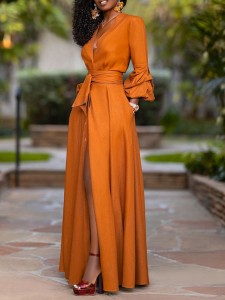 Women's Sexy Deep V Long Sleeve Waisted Solid Color Cardigan Dresses