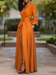 Women's Sexy Deep V Long Sleeve Waisted Solid Color Cardigan Dresses