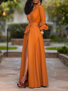 Women's Sexy Deep V Long Sleeve Waisted Solid Color Cardigan Dresses