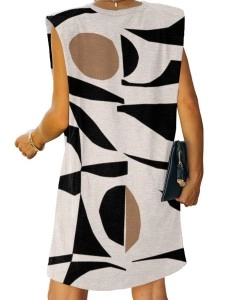 Women's simple geometric print sleeveless shoulder pad dress