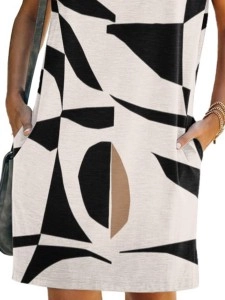 Women's simple geometric print sleeveless shoulder pad dress