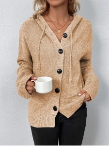 Women's Solid Color Hooded Single Breasted Sweater