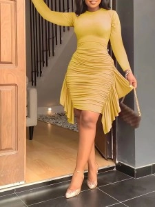 Women's Solid Color Irregular Ruffle Slim Pleated Dresses