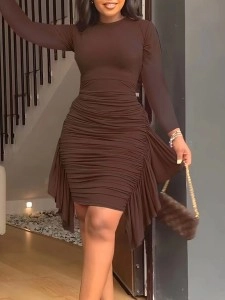 Women's Solid Color Irregular Ruffle Slim Pleated Dresses