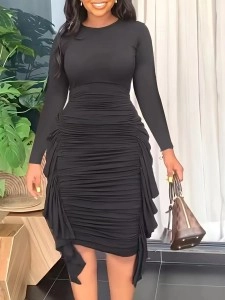 Women's Solid Color Irregular Ruffle Slim Pleated Dresses