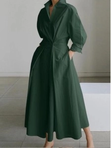 Women's Solid Pocket Button Lapel Long Sleeve Maxi Shirt Casual Dress