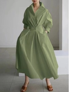 Women's Solid Pocket Button Lapel Long Sleeve Maxi Shirt Casual Dress